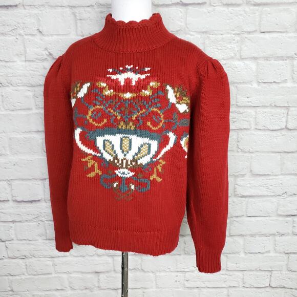 Vintage Red Puff Sleeve Sweater High Neck Button Detail Teapot Cottagecore Sz S - Picture 8 of 14